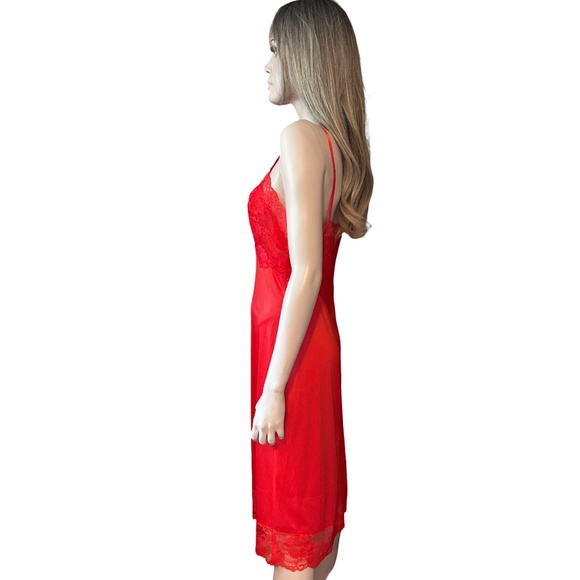 Vanity Fair Vtg 50s 60s Slip Chemise Lipstick Red Tricot Nylon Lace Bodice Lacy - Picture 5 of 16